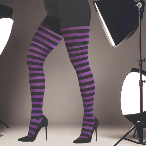Plus Size 1x/2x 3x/4x Striped Opaque Tights Womens Black and Purple Pantyhose - Picture 9 of 10